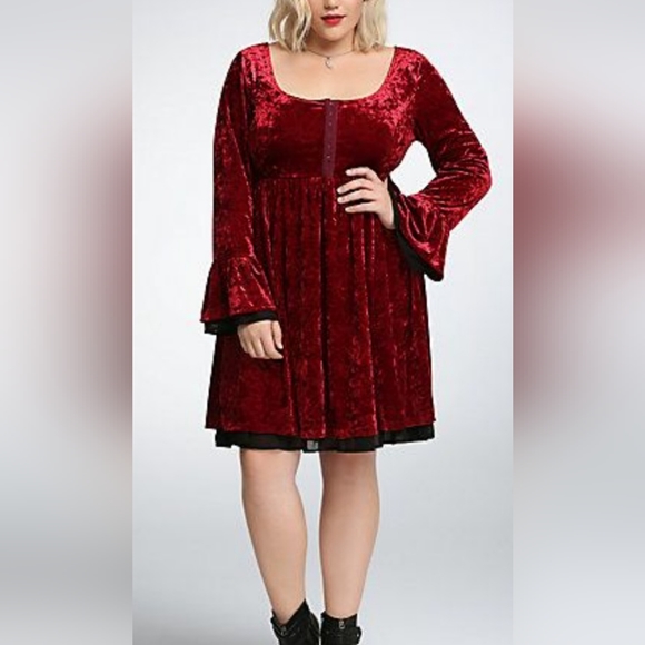 torrid Dresses & Skirts - Torrid Red Velvet Dress Black Hem with Bell Sleeves Hook and Eye Closure Size 1X